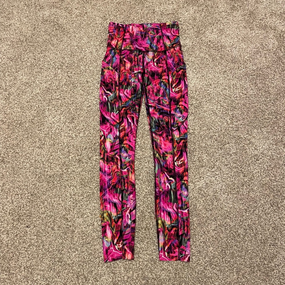 Lululemon Fast and Free High Rise Crop Legging in Hyper Flow Pink Multi colorway